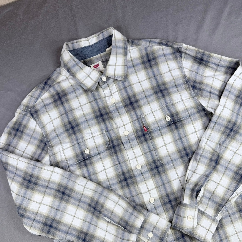 Levis Mens M Gray White Plaid 100% Cotton Worker Relaxed Fit Button Down Shirt